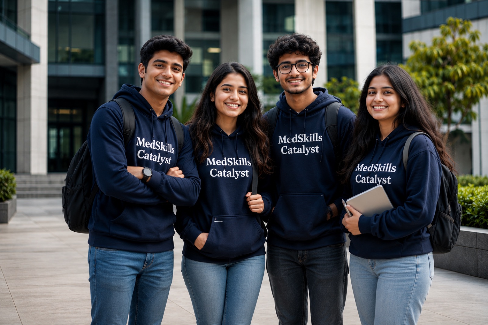 MedSkills Catalyst campus ambassadors in branded hoodies on a university campus